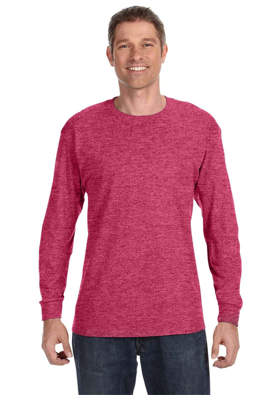 Jerzees 29L Mens Dri-Power Moisture Wicking Long Sleeve Crewneck T-Shirt Heather Red Front
