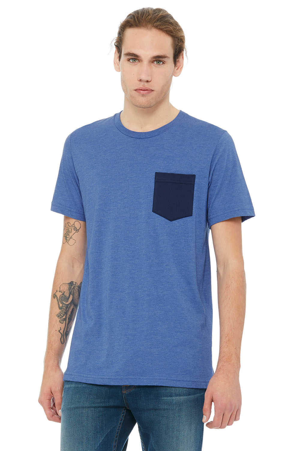 Bella + Canvas 3021 Mens Jersey Short Sleeve Crewneck T-Shirt w/ Pocket Heather Royal Blue/Navy Blue Front