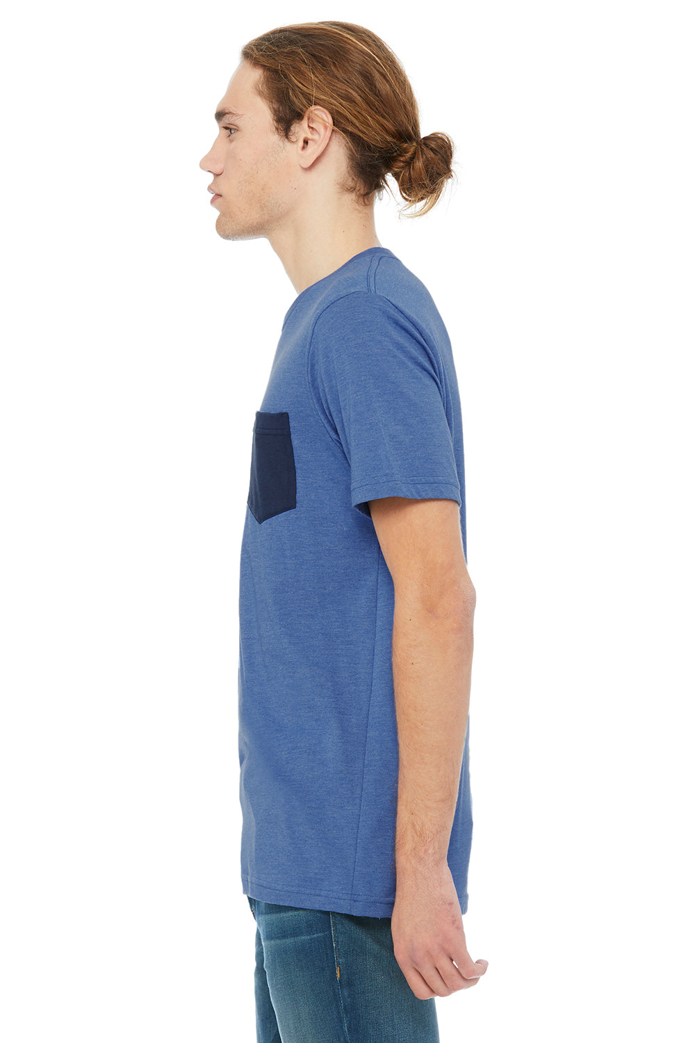 Bella + Canvas 3021 Mens Jersey Short Sleeve Crewneck T-Shirt w/ Pocket Heather Royal Blue/Navy Blue Side