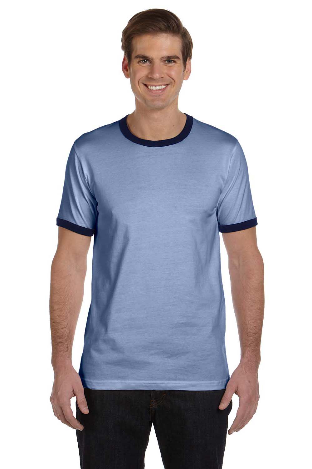 Bella + Canvas 3055C Mens Jersey Ringer Short Sleeve Crewneck T-Shirt Heather Blue/Navy Blue Front