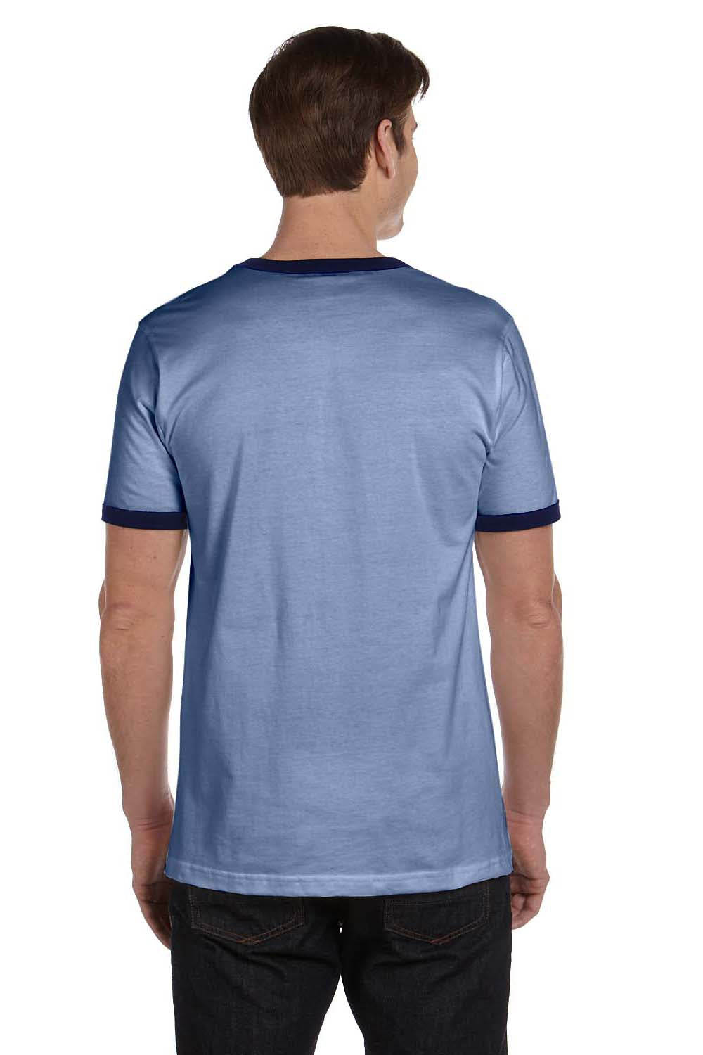 Bella + Canvas 3055C Mens Jersey Ringer Short Sleeve Crewneck T-Shirt Heather Blue/Navy Blue Back