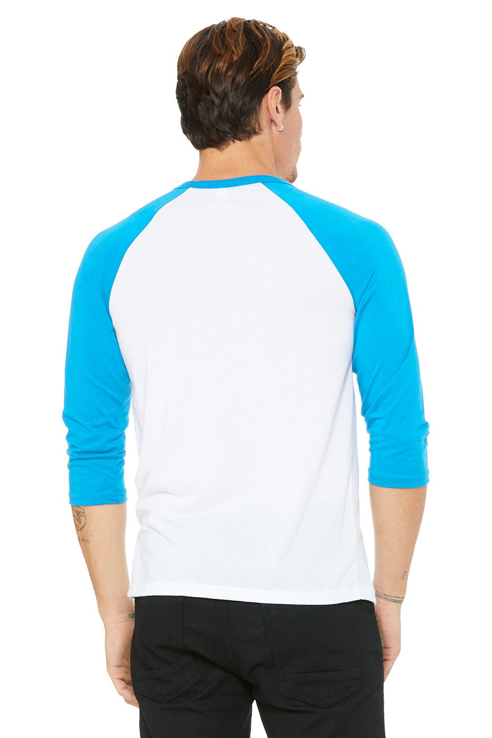 Bella + Canvas 3200 Mens 3/4 Sleeve Crewneck T-Shirt White/Neon Blue Back