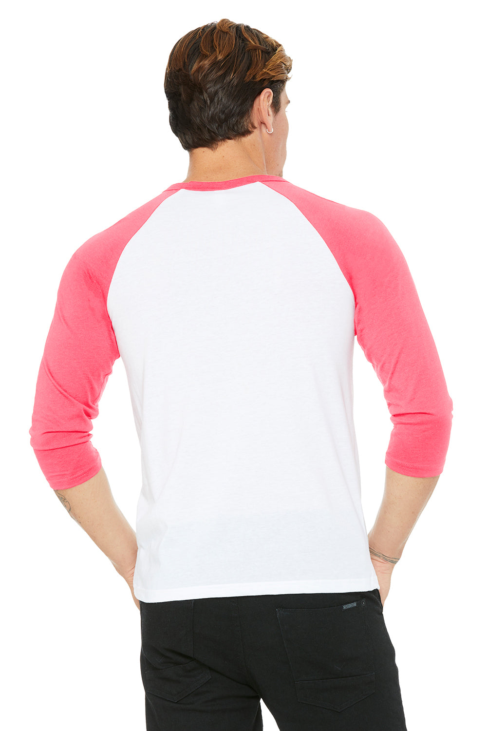 Bella + Canvas 3200 Mens 3/4 Sleeve Crewneck T-Shirt White/Neon Pink Back