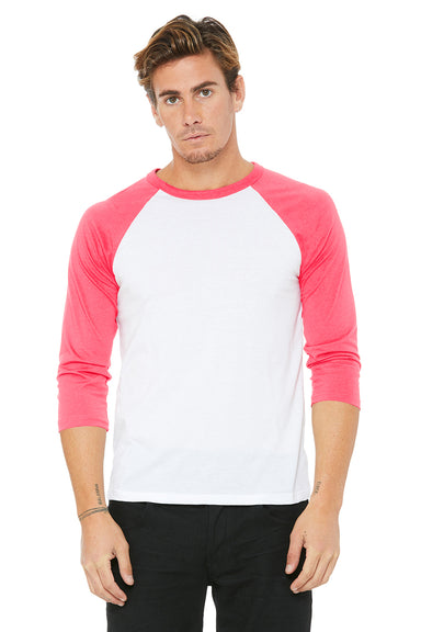 Bella + Canvas 3200 Mens 3/4 Sleeve Crewneck T-Shirt White/Neon Pink Front