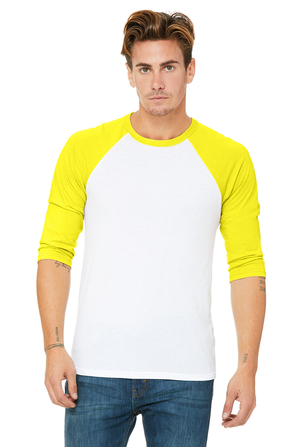 Bella + Canvas 3200 Mens 3/4 Sleeve Crewneck T-Shirt White/Neon Yellow Front