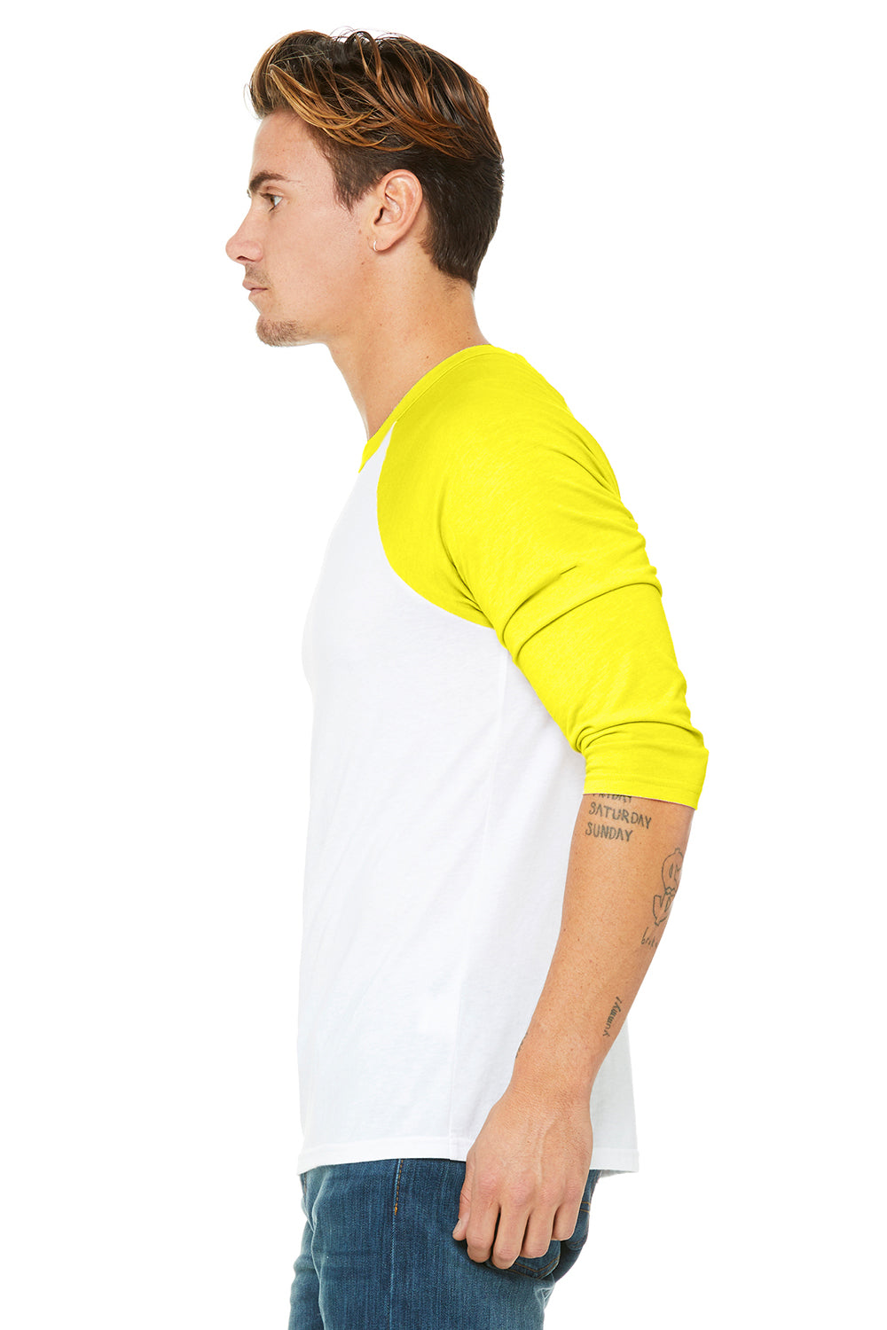 Bella + Canvas 3200 Mens 3/4 Sleeve Crewneck T-Shirt White/Neon Yellow Side