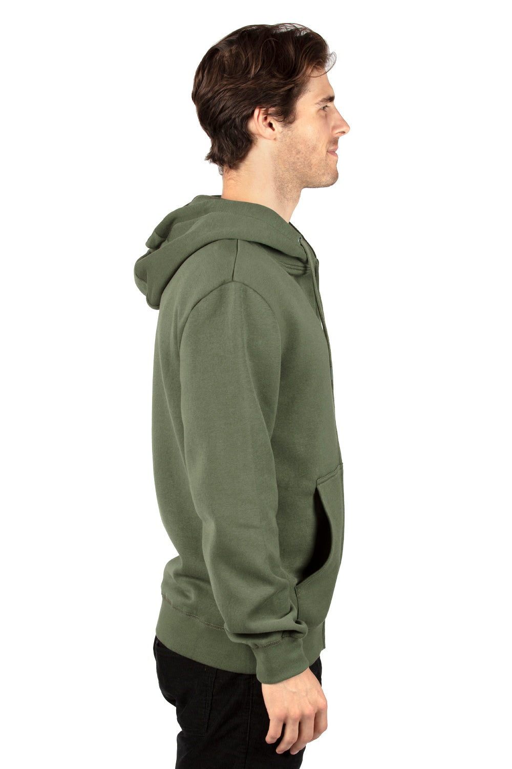 Threadfast Apparel 320Z Mens Ultimate Fleece Full Zip Hooded Sweatshirt Hoodie Army Green Side