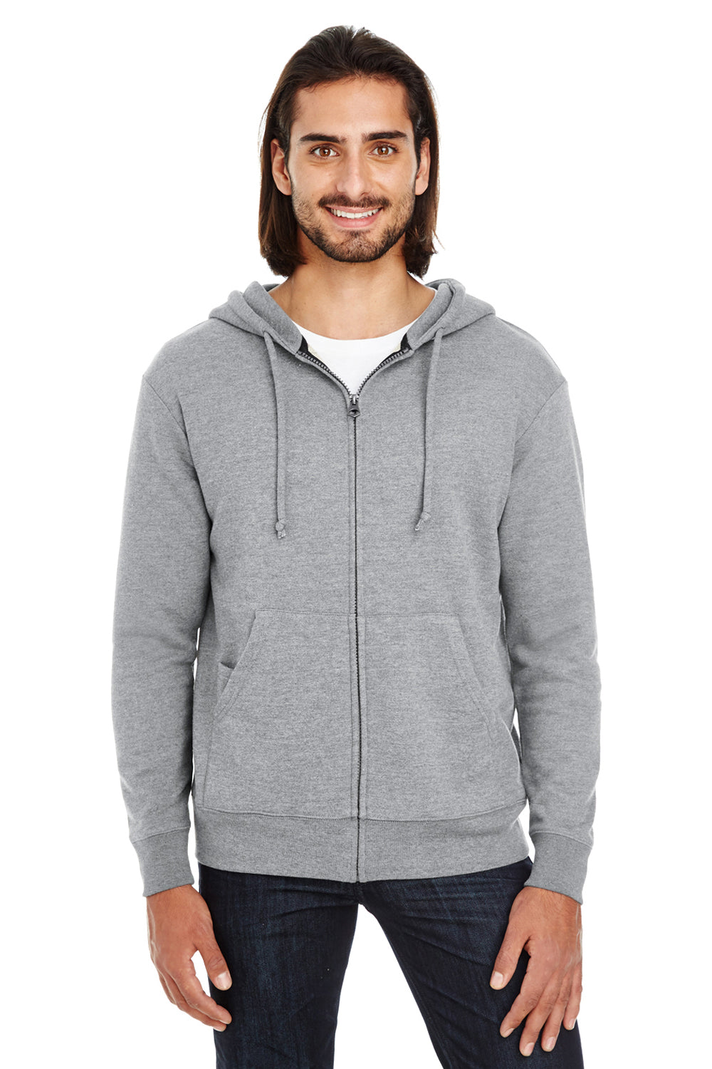 Threadfast Apparel 321Z Mens French Terry Full Zip Hooded Sweatshirt Hoodie Heather Charcoal Grey Front