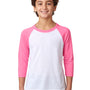 Next Level Youth CVC Jersey 3/4 Sleeve Crewneck T-Shirt - White/Hot Pink - Closeout