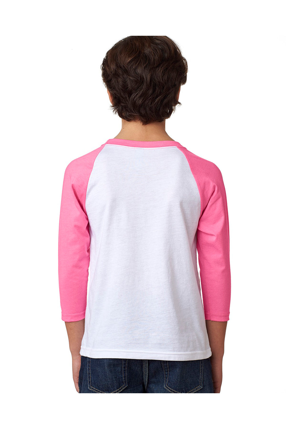 Next Level 3352 Youth CVC Jersey 3/4 Sleeve Crewneck T-Shirt White/Hot Pink Back