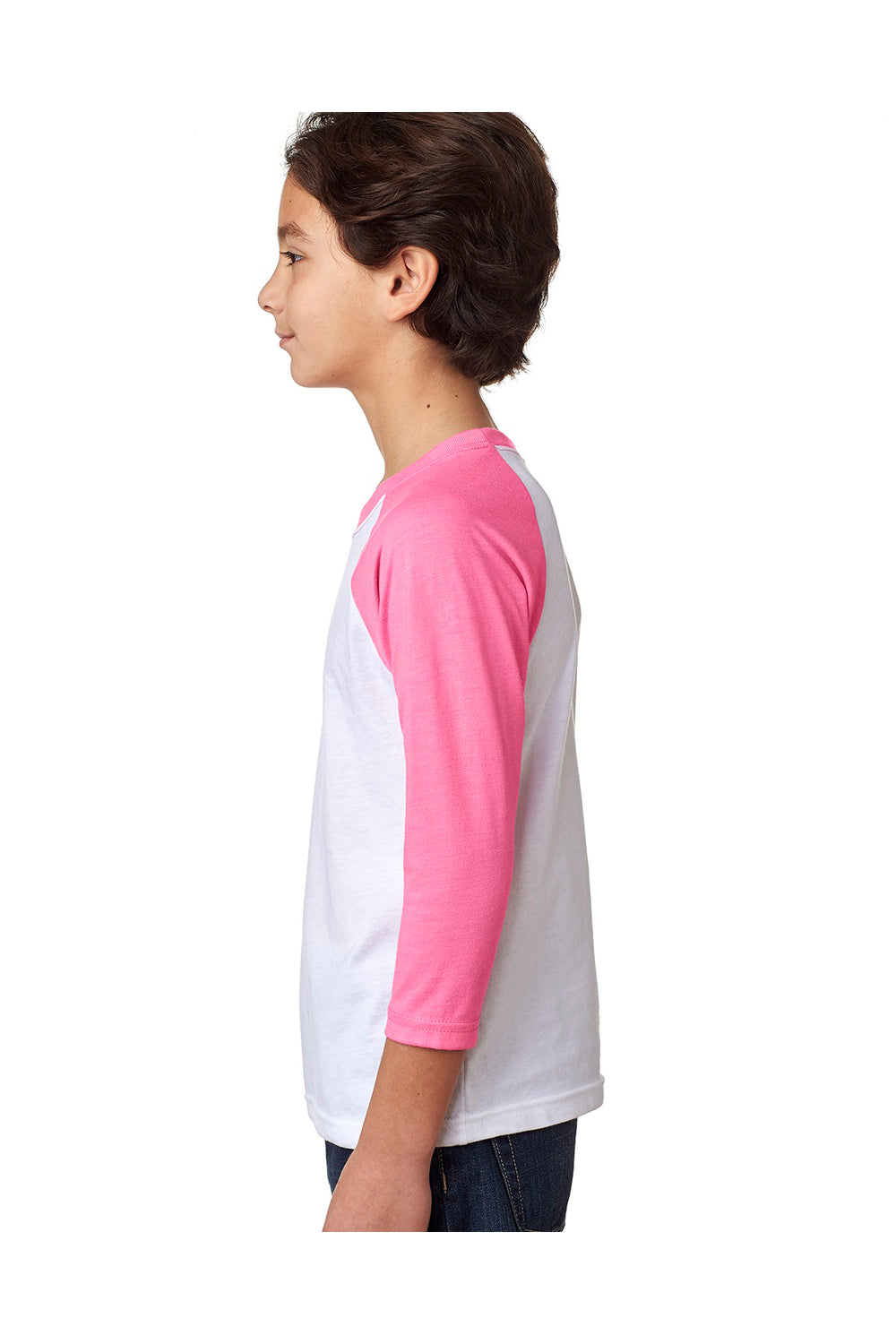 Next Level 3352 Youth CVC Jersey 3/4 Sleeve Crewneck T-Shirt White/Hot Pink Side