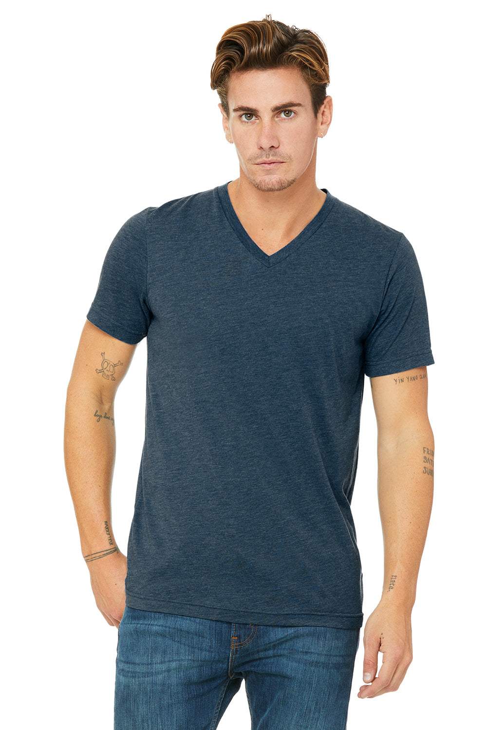 Bella + Canvas 3415C Mens Short Sleeve V-Neck T-Shirt Steel Blue Front