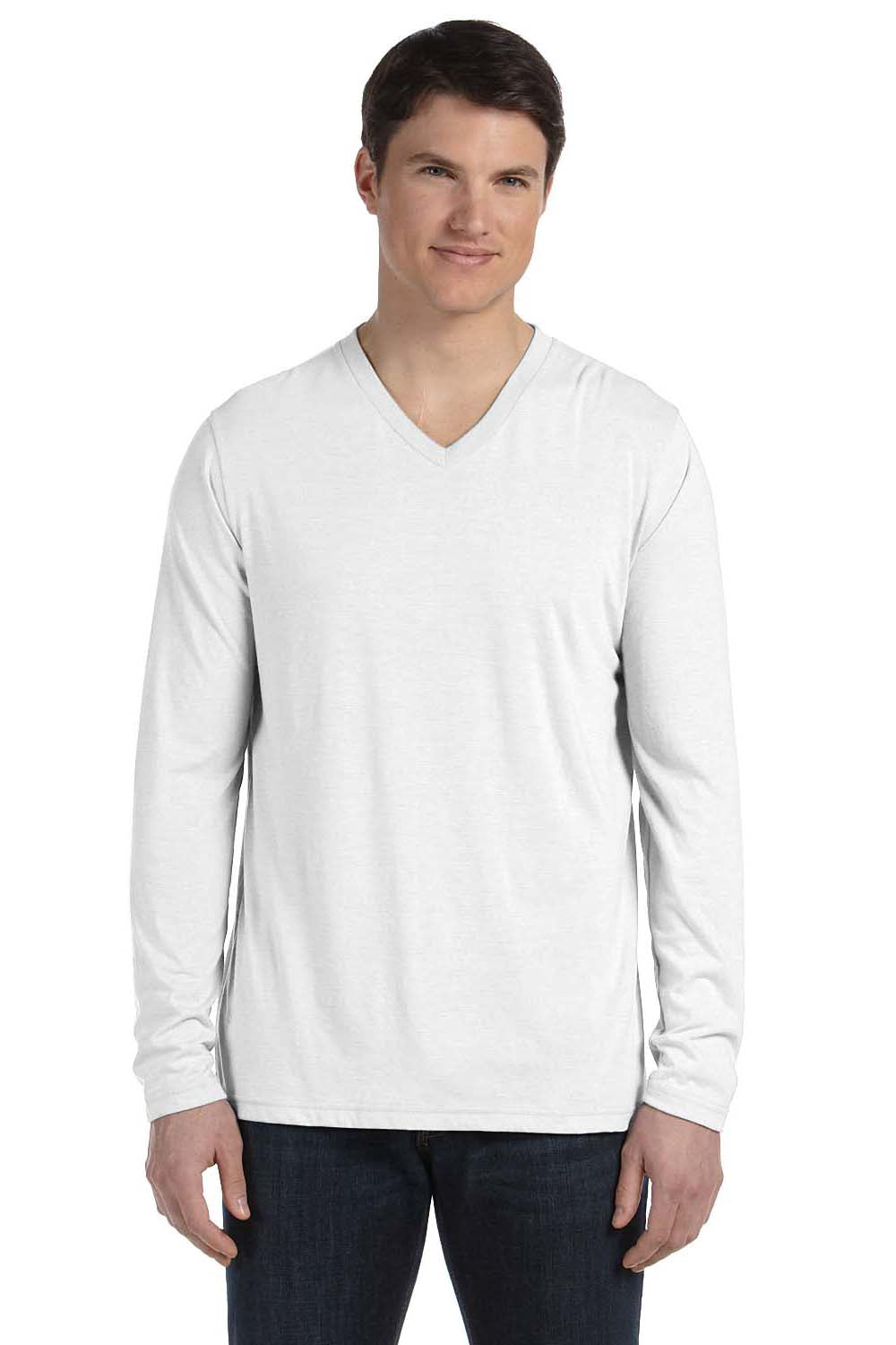 Bella + Canvas 3425 Mens Jersey Long Sleeve V-Neck T-Shirt White Front