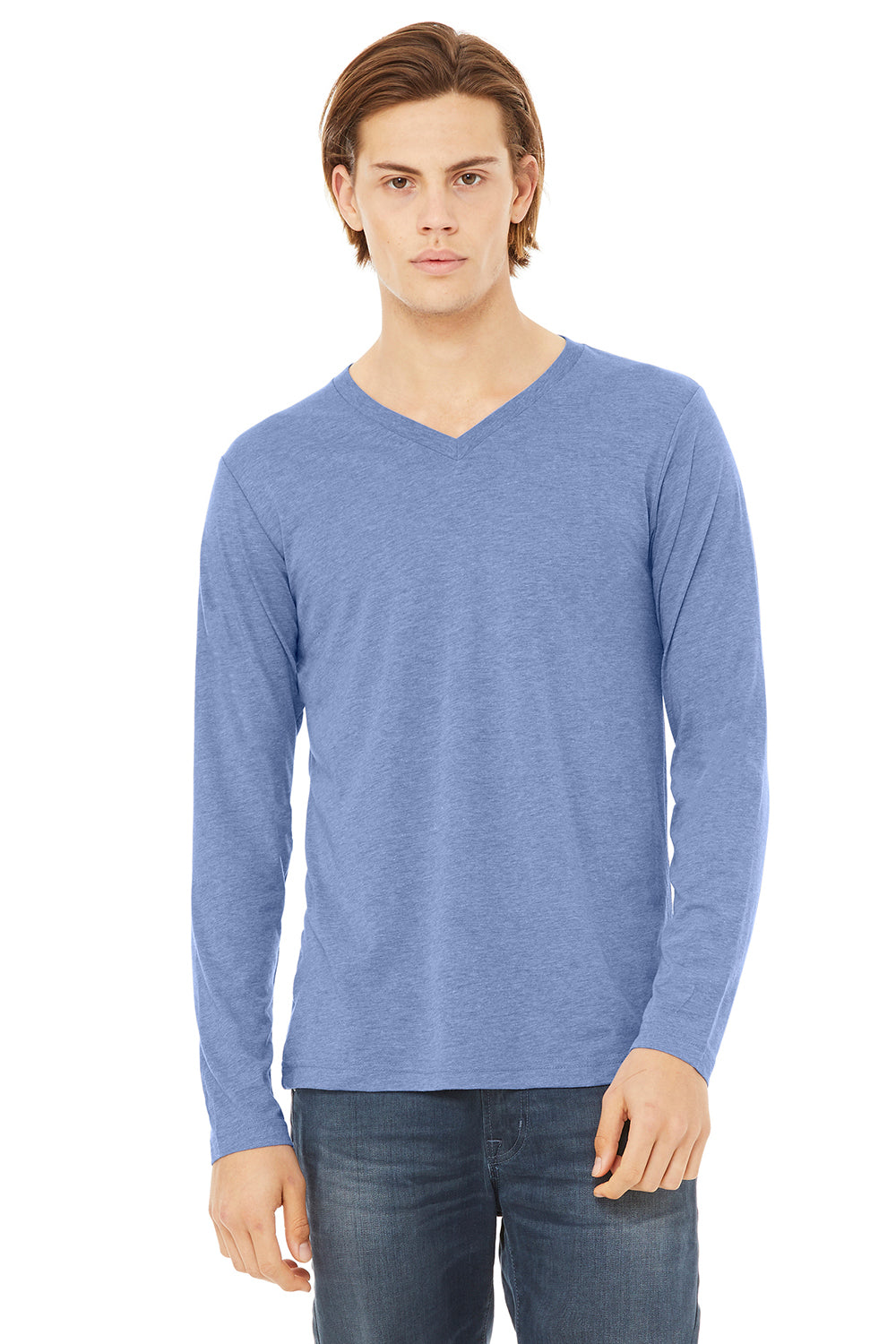Bella + Canvas 3425 Mens Jersey Long Sleeve V-Neck T-Shirt Blue Front