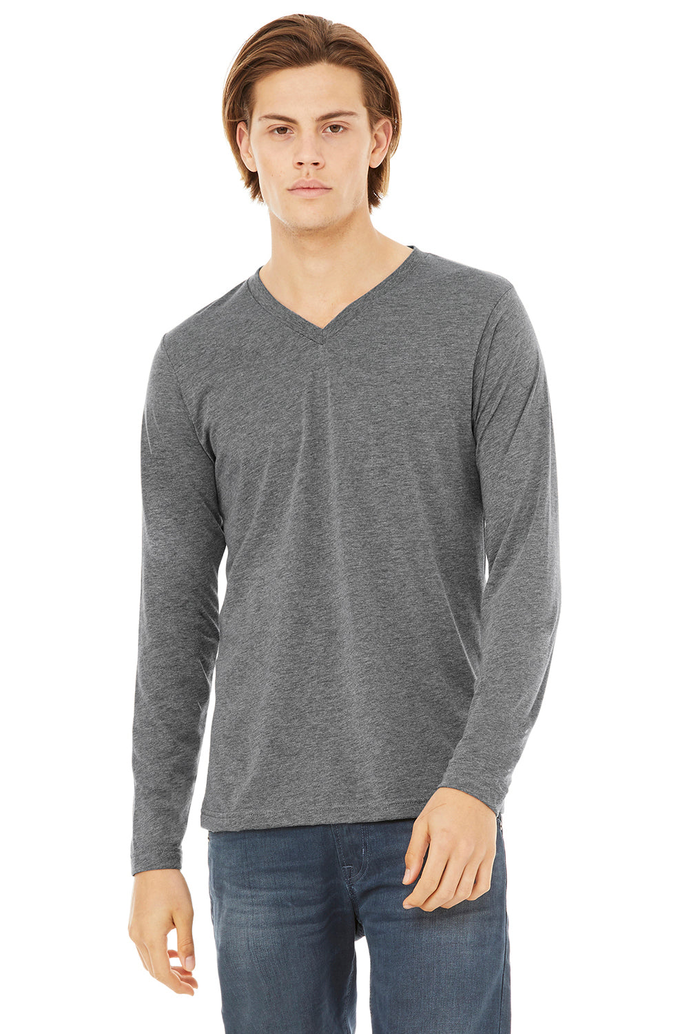 Bella + Canvas 3425 Mens Jersey Long Sleeve V-Neck T-Shirt Grey Front