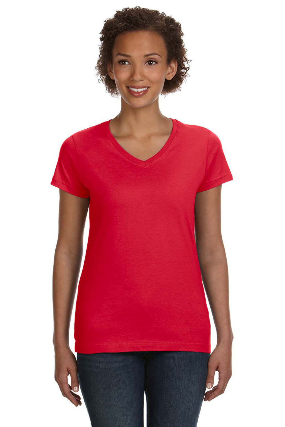 LAT 3507 Womens Fine Jersey Short Sleeve V-Neck T-Shirt Red Front