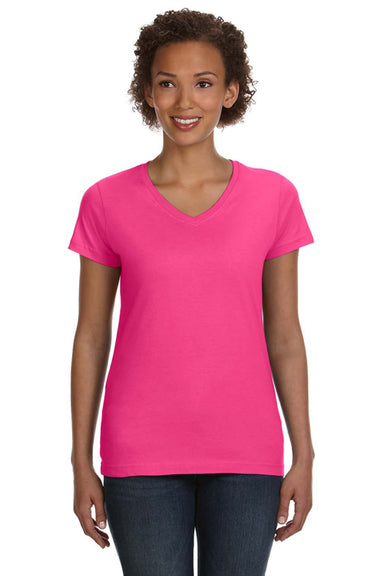 LAT 3507 Womens Fine Jersey Short Sleeve V-Neck T-Shirt Hot Pink Front