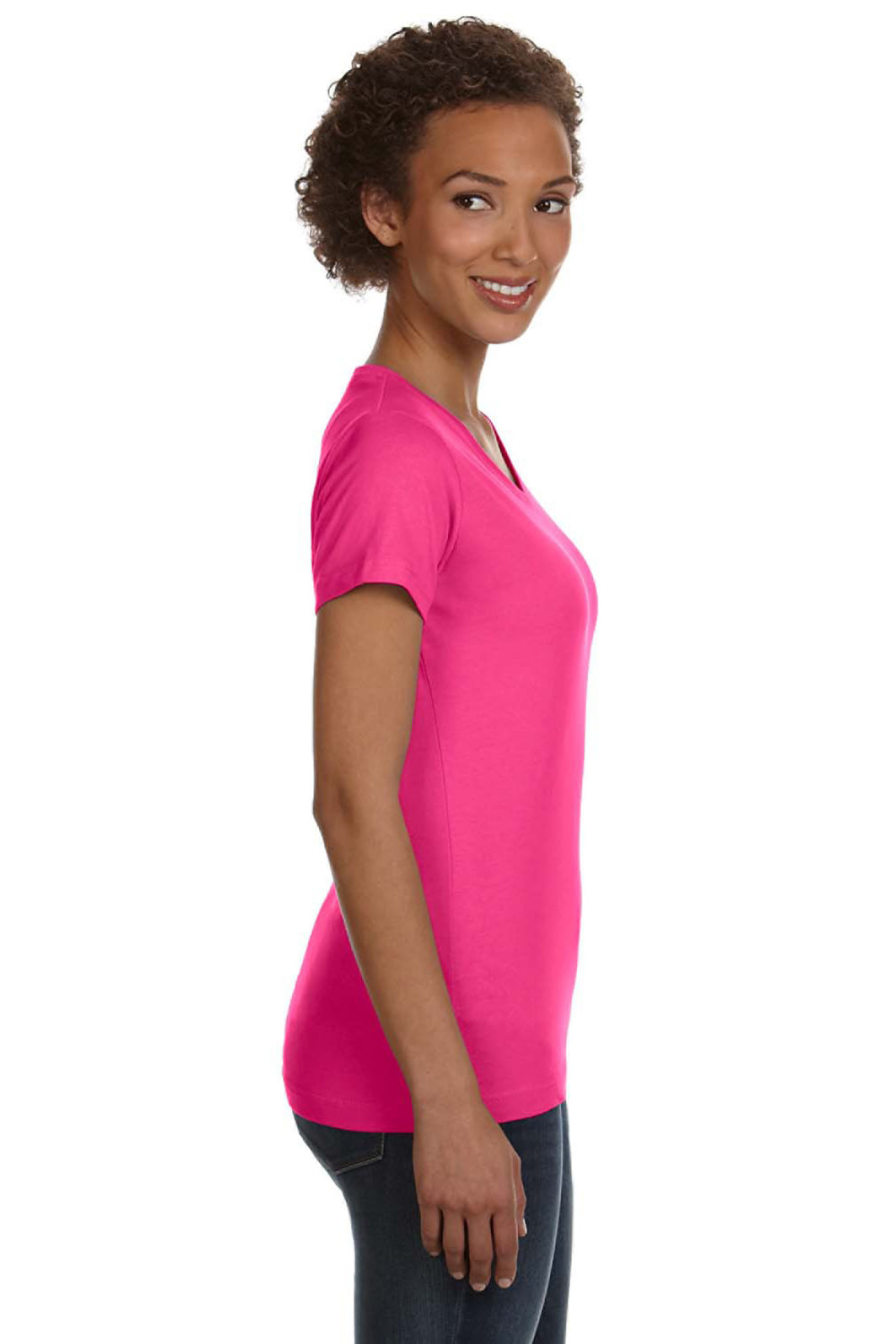 LAT 3507 Womens Fine Jersey Short Sleeve V-Neck T-Shirt Hot Pink Side