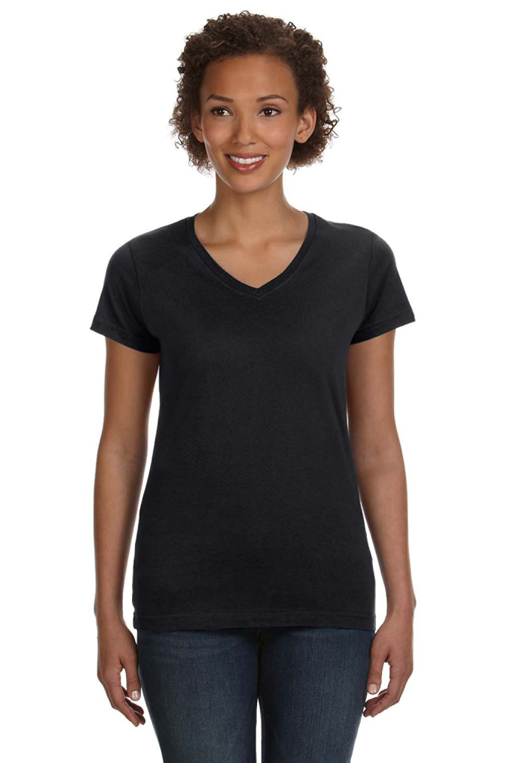 LAT 3507 Womens Fine Jersey Short Sleeve V-Neck T-Shirt Black Front