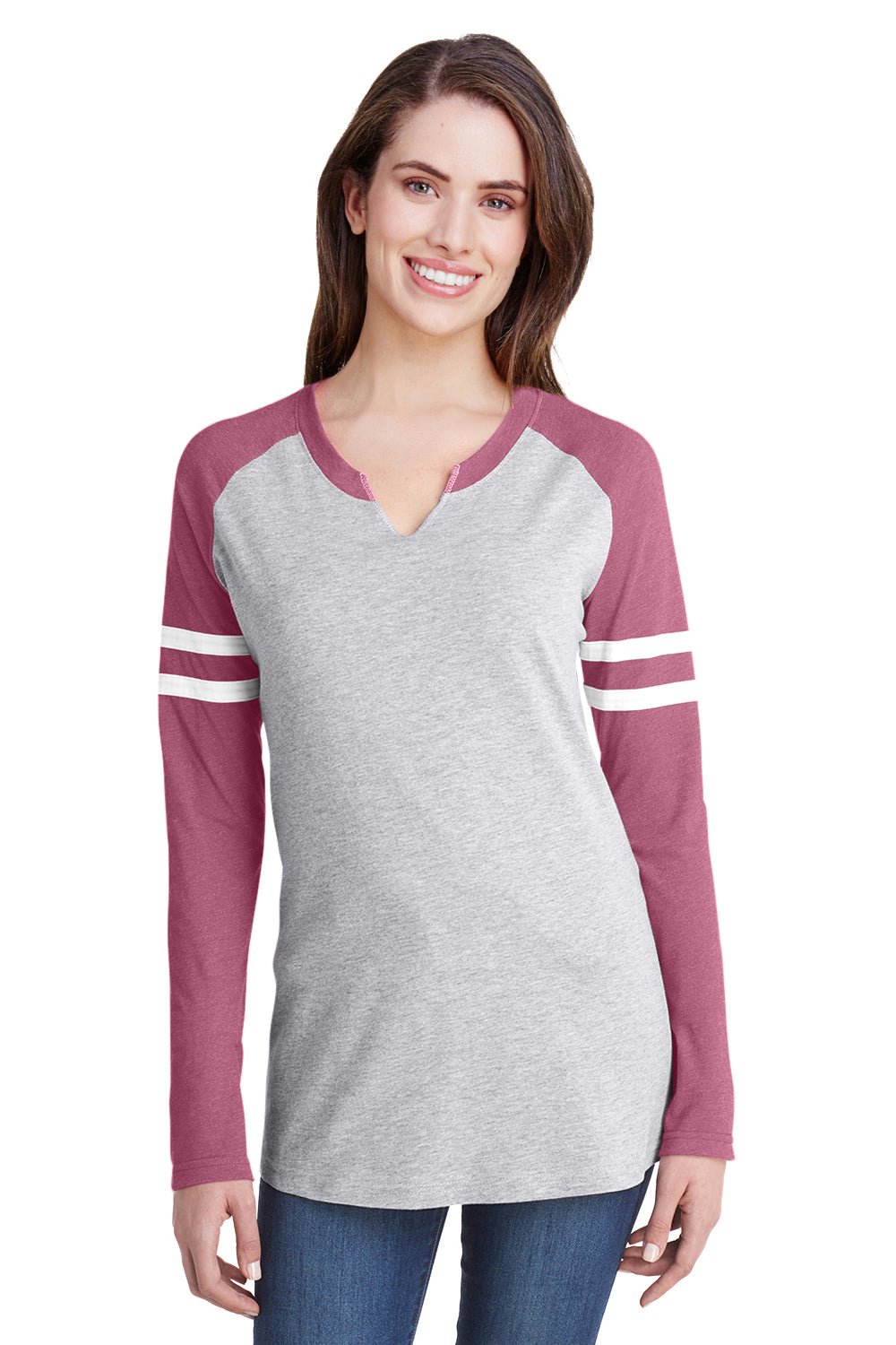 LAT 3534 Womens Gameday Mash Up Fine Jersey Long Sleeve V-Neck T-Shirt Heather Grey/Burgundy Front