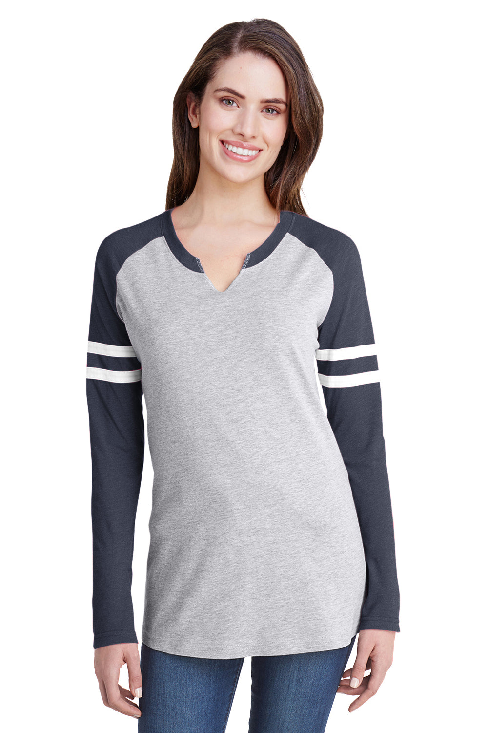 LAT 3534 Womens Gameday Mash Up Fine Jersey Long Sleeve V-Neck T-Shirt Heather Grey/Navy Blue Front