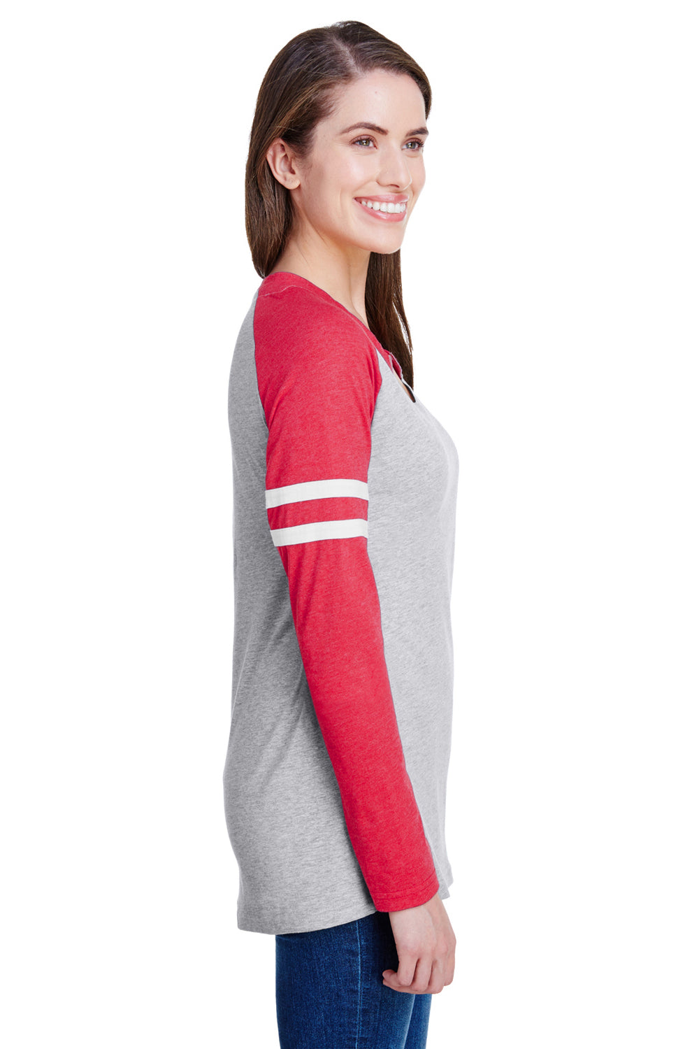LAT 3534 Womens Gameday Mash Up Fine Jersey Long Sleeve V-Neck T-Shirt Heather Grey/Red Side