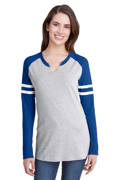 LAT 3534 Womens Gameday Mash Up Fine Jersey Long Sleeve V-Neck T-Shirt Heather Grey/Royal Blue Front