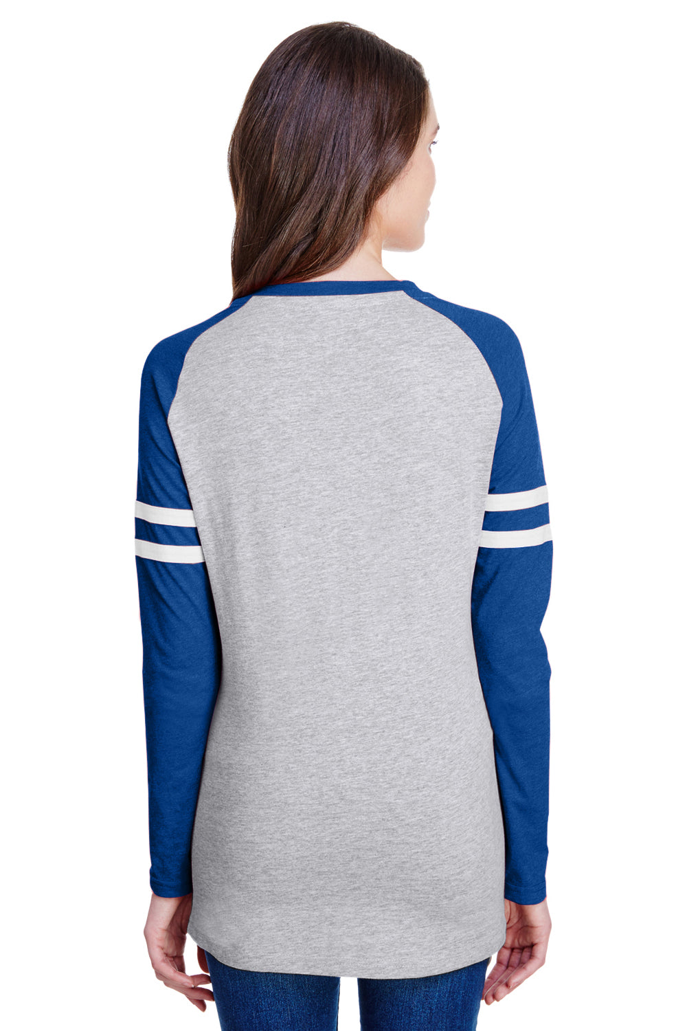 LAT 3534 Womens Gameday Mash Up Fine Jersey Long Sleeve V-Neck T-Shirt Heather Grey/Royal Blue Back