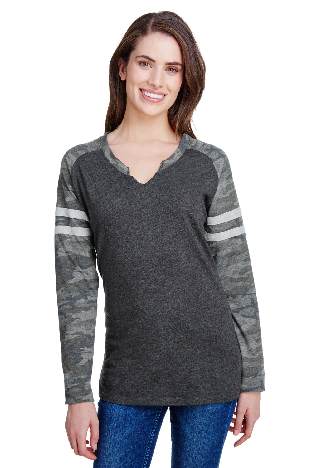 LAT 3534 Womens Gameday Mash Up Fine Jersey Long Sleeve V-Neck T-Shirt Vintage Smoke Grey/Camo Front