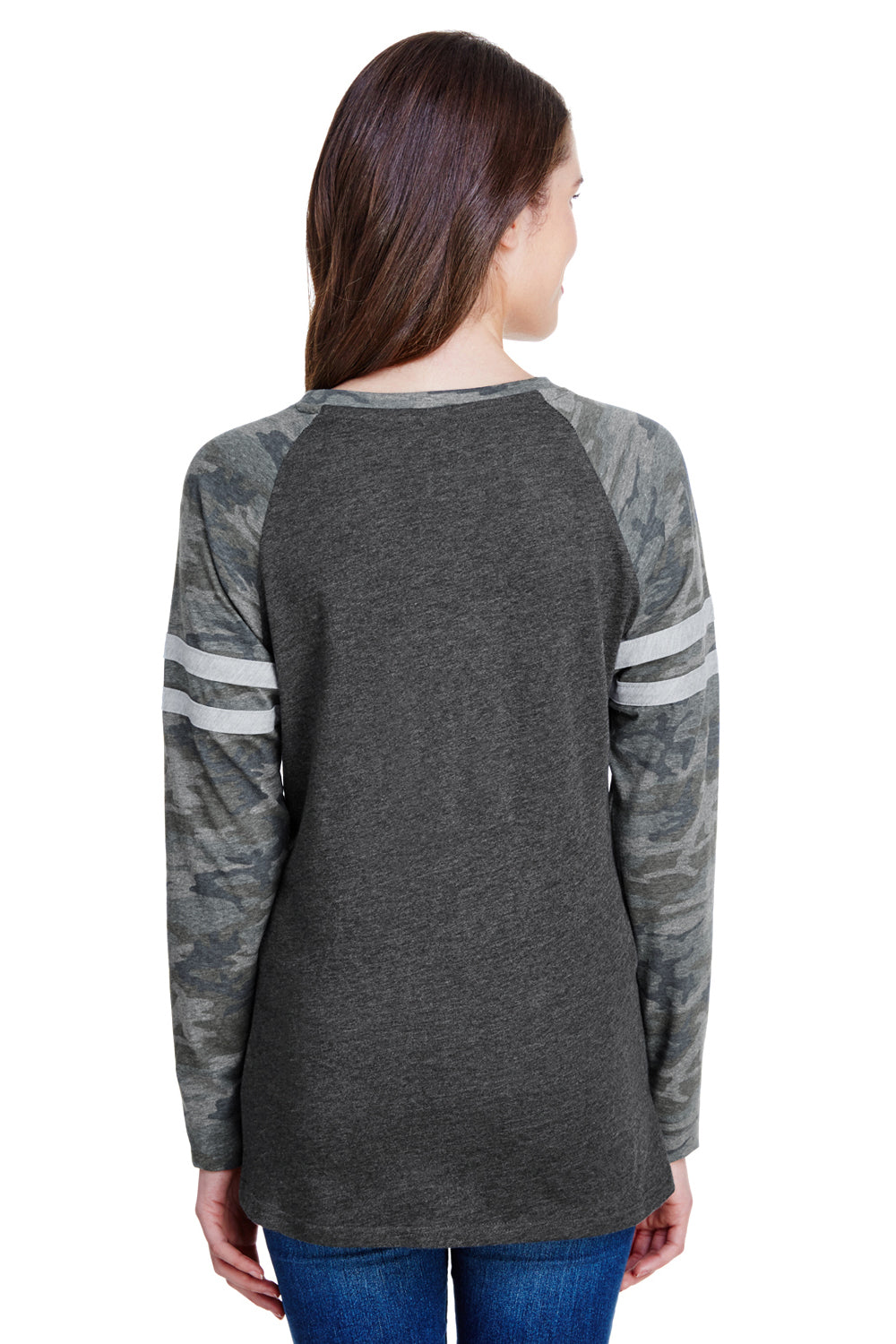 LAT 3534 Womens Gameday Mash Up Fine Jersey Long Sleeve V-Neck T-Shirt Vintage Smoke Grey/Camo Back