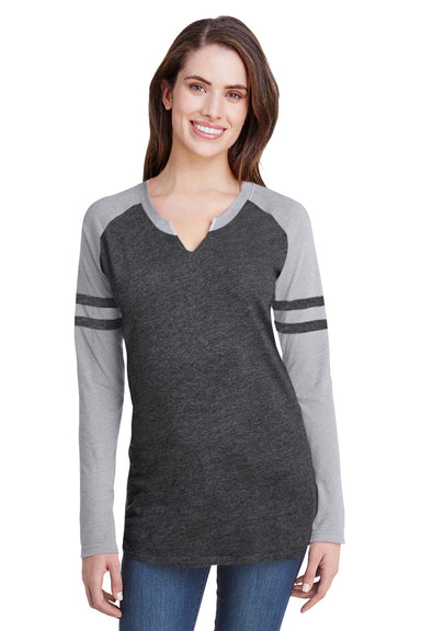 LAT 3534 Womens Gameday Mash Up Fine Jersey Long Sleeve V-Neck T-Shirt Vintage Smoke Grey/Heather Grey Front