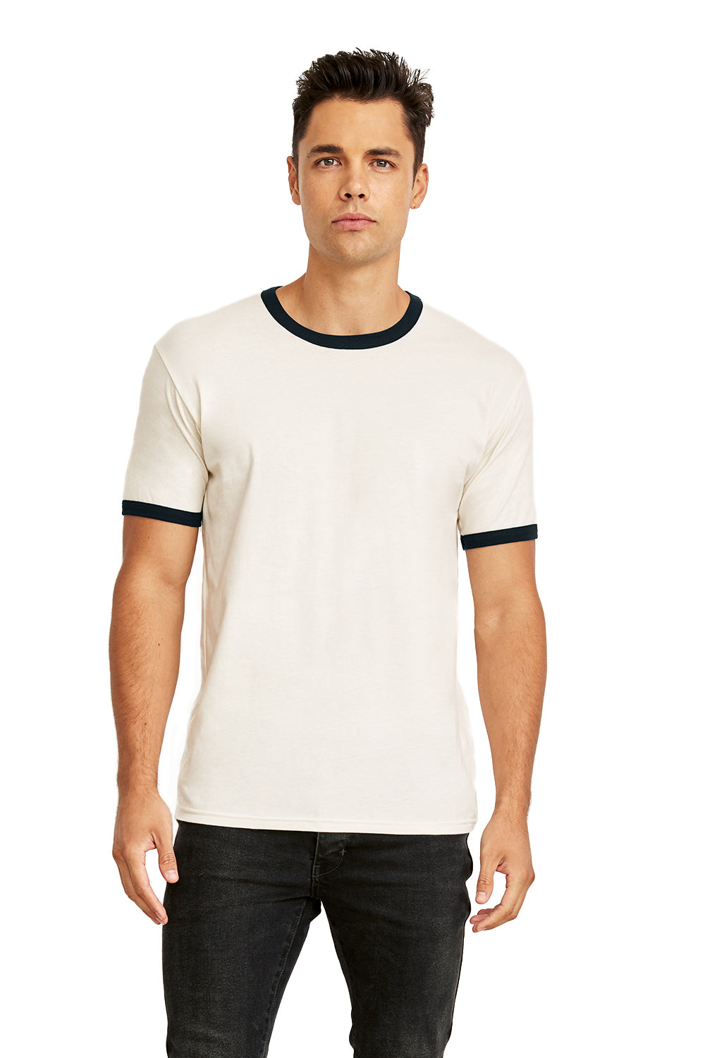 Next Level 3604 Mens Fine Jersey Ringer Short Sleeve Crewneck T-Shirt White/Black Front