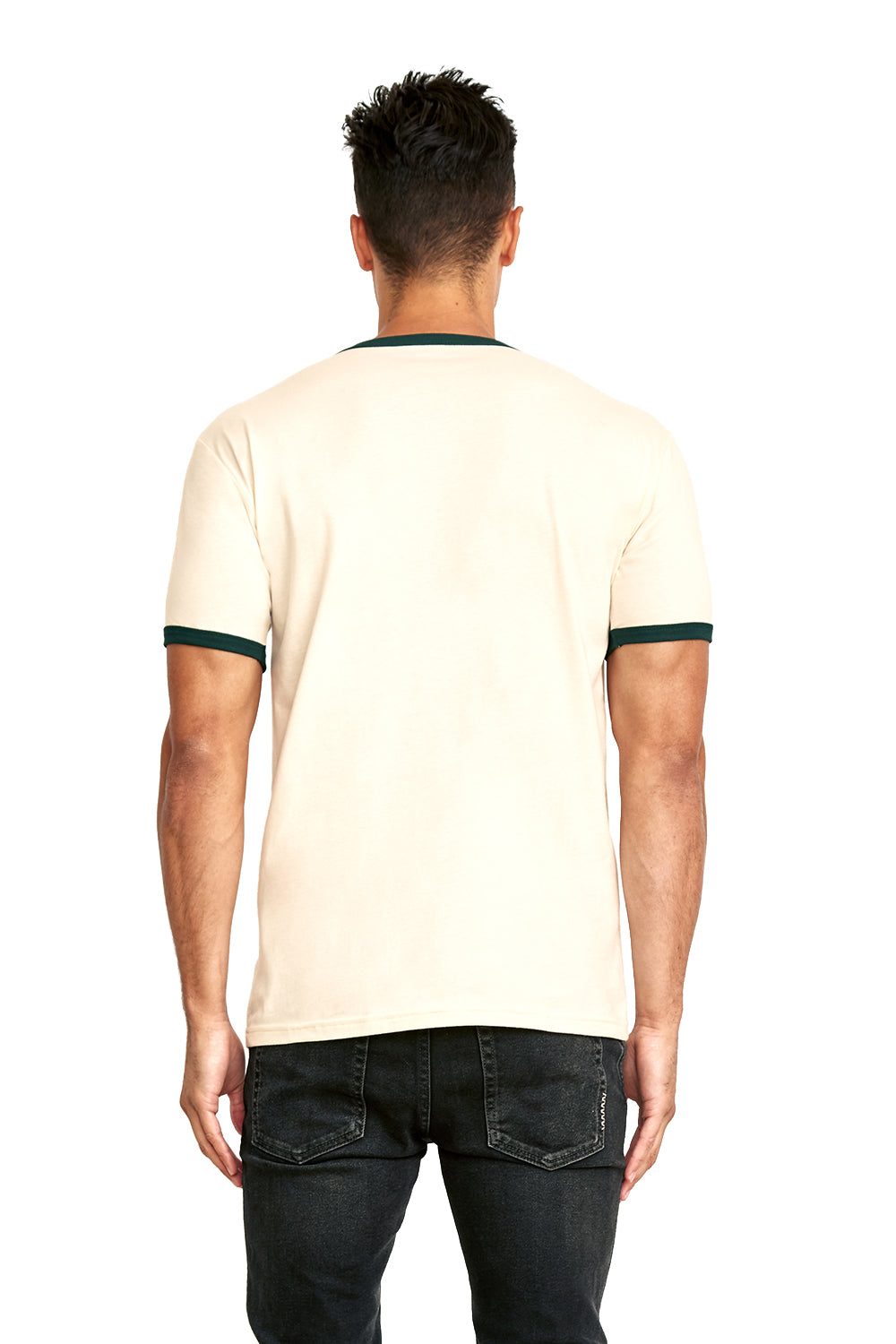 Next Level 3604 Mens Fine Jersey Ringer Short Sleeve Crewneck T-Shirt Natural/Forest Green Back