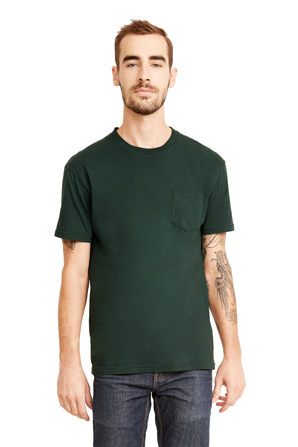 Next Level 3605 Mens Fine Jersey Short Sleeve Crewneck T-Shirt w/ Pocket Forest Green Front
