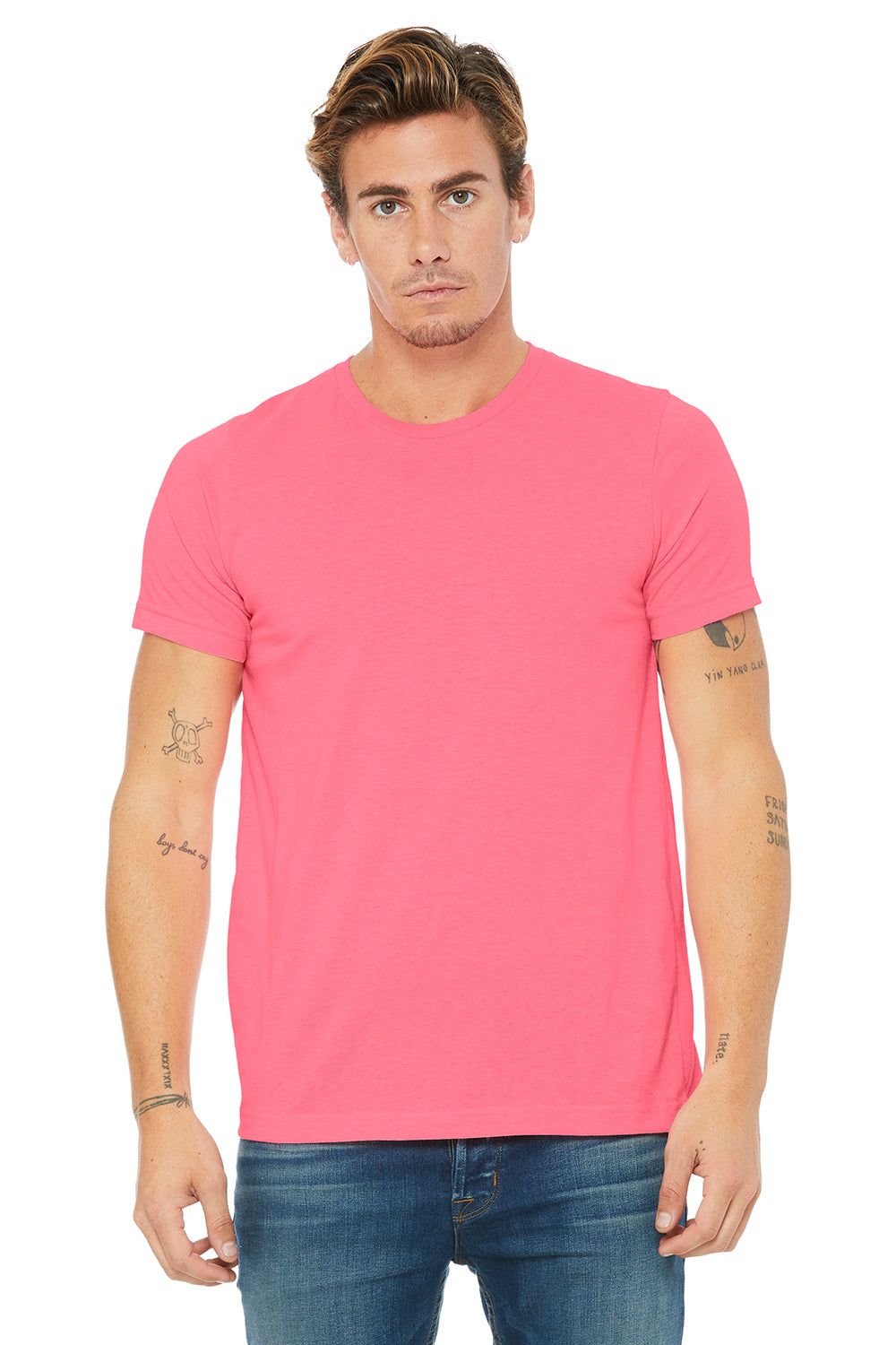 Bella + Canvas 3650 Mens Short Sleeve Crewneck T-Shirt Neon Pink Front