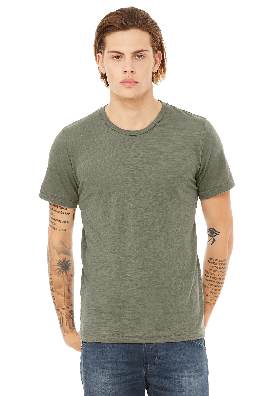 Bella + Canvas 3650 Mens Short Sleeve Crewneck T-Shirt Olive Green Slub Front