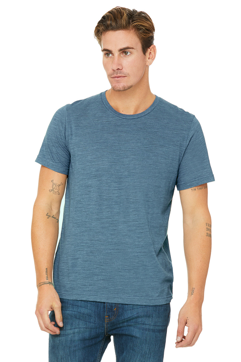 Bella + Canvas 3650 Mens Short Sleeve Crewneck T-Shirt Denim Blue Slub Front