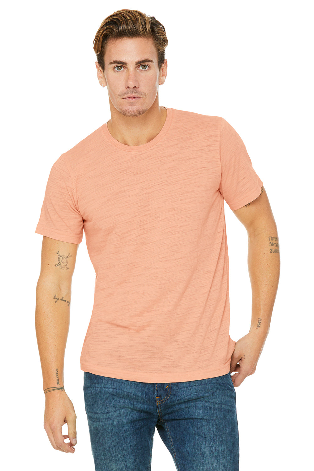 Bella + Canvas 3650 Mens Short Sleeve Crewneck T-Shirt Peach Slub Front
