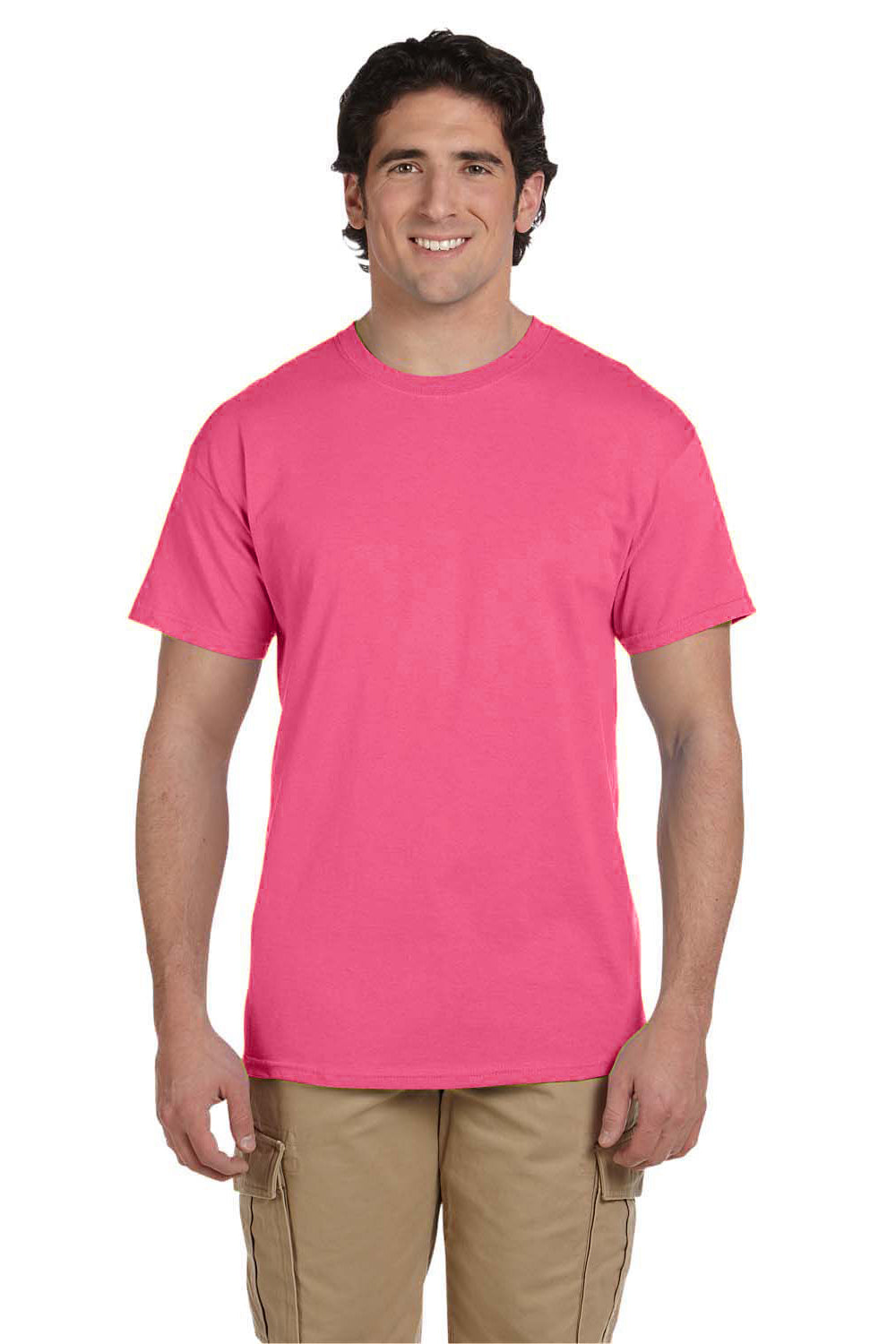 Fruit Of The Loom 3931 Mens HD Jersey Short Sleeve Crewneck T-Shirt Neon Pink Front