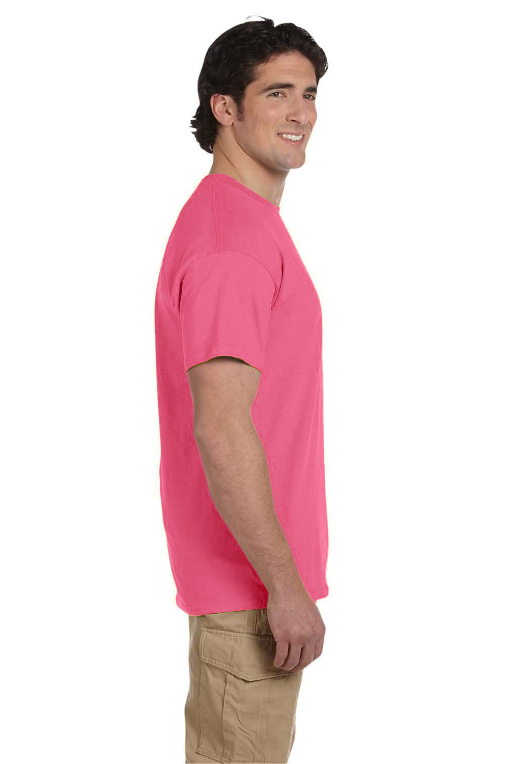 Fruit Of The Loom 3931 Mens HD Jersey Short Sleeve Crewneck T-Shirt Neon Pink Side