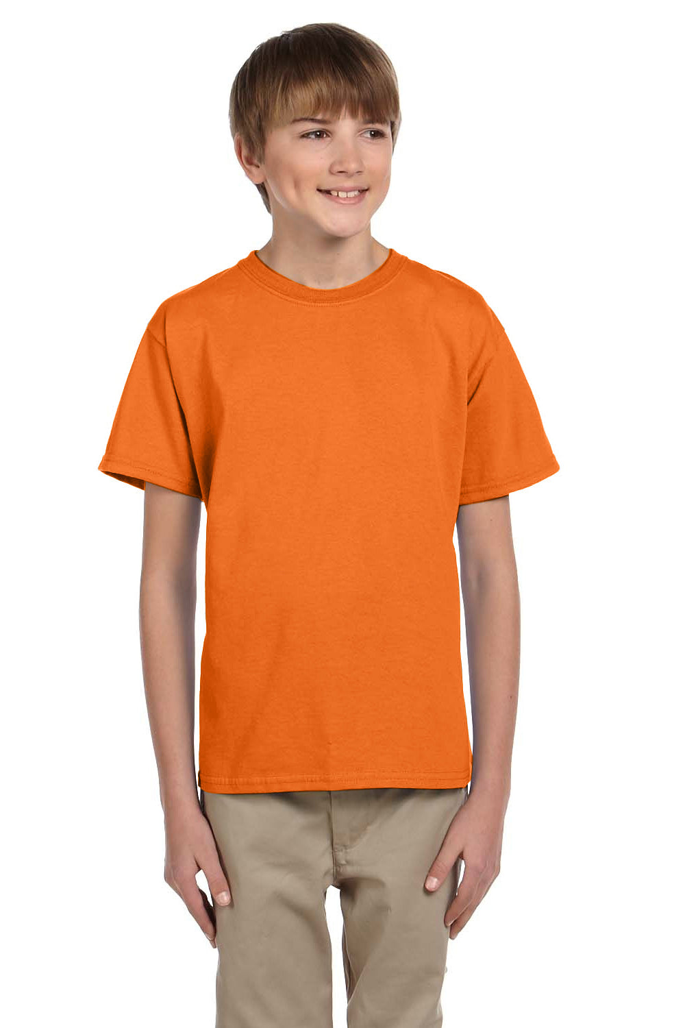 Fruit Of The Loom 3931B Youth HD Jersey Short Sleeve Crewneck T-Shirt Safety Orange Front