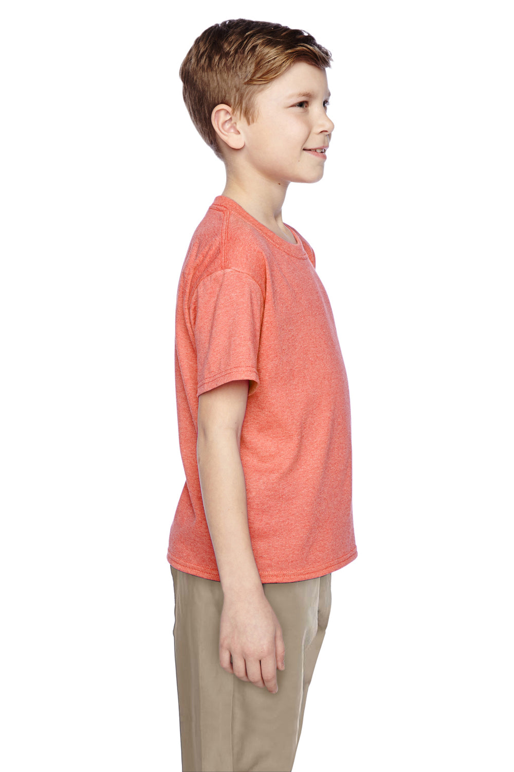 Fruit Of The Loom 3931B Youth HD Jersey Short Sleeve Crewneck T-Shirt Heather Coral Red Side