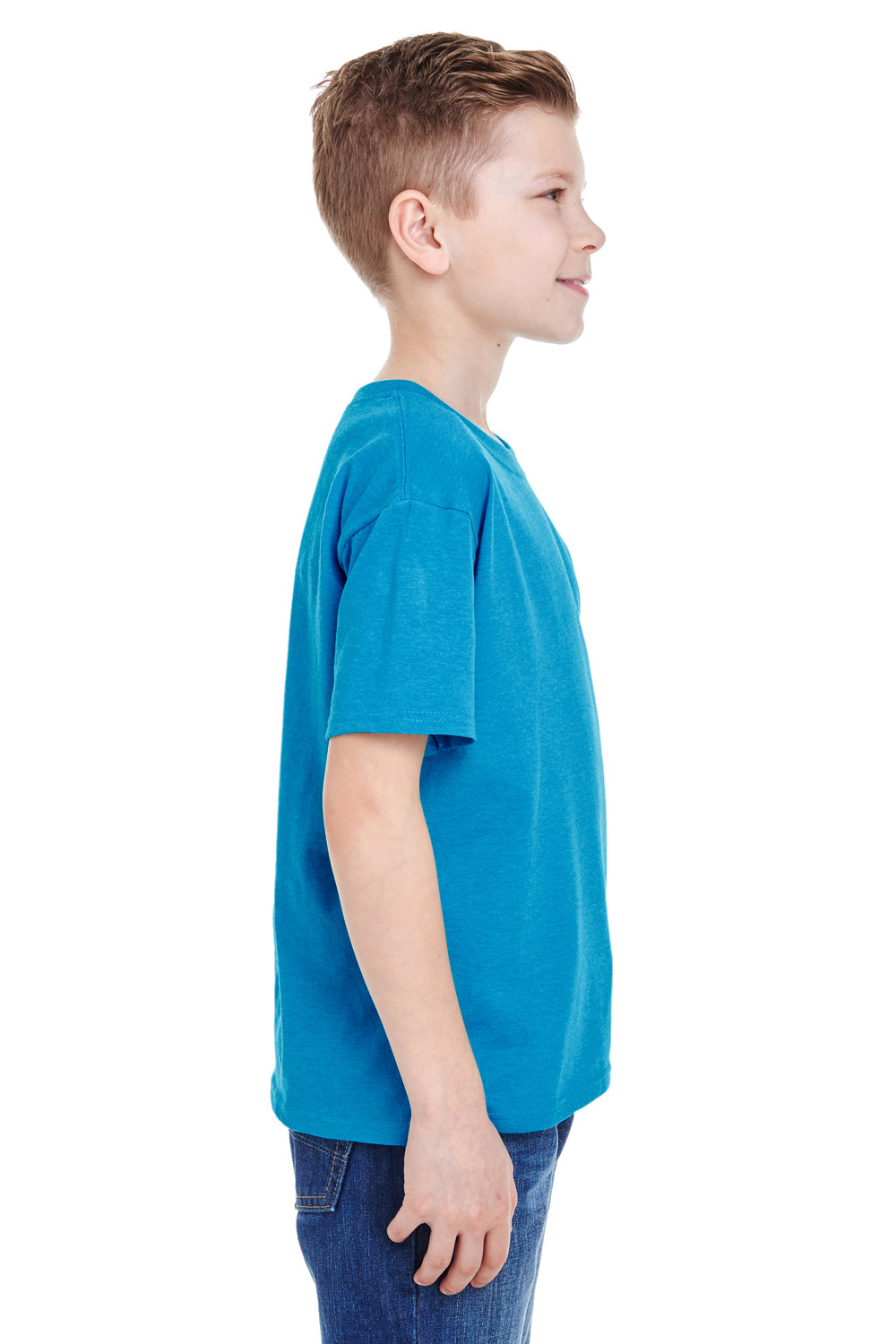 Fruit Of The Loom 3931B Youth HD Jersey Short Sleeve Crewneck T-Shirt Heather Turquoise Blue Side