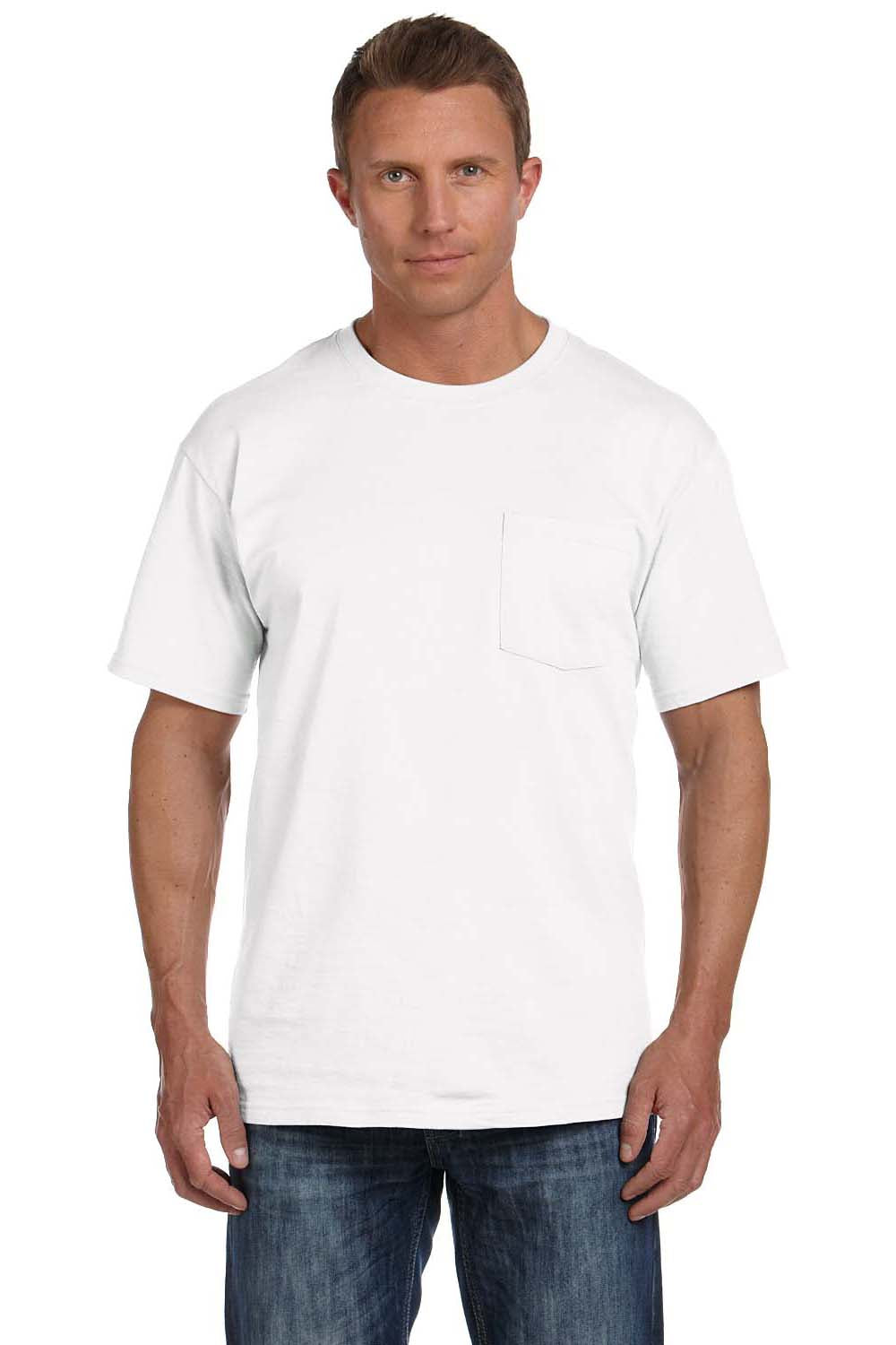 Fruit Of The Loom 3931P Mens HD Jersey Short Sleeve Crewneck T-Shirt w/ Pocket White Front