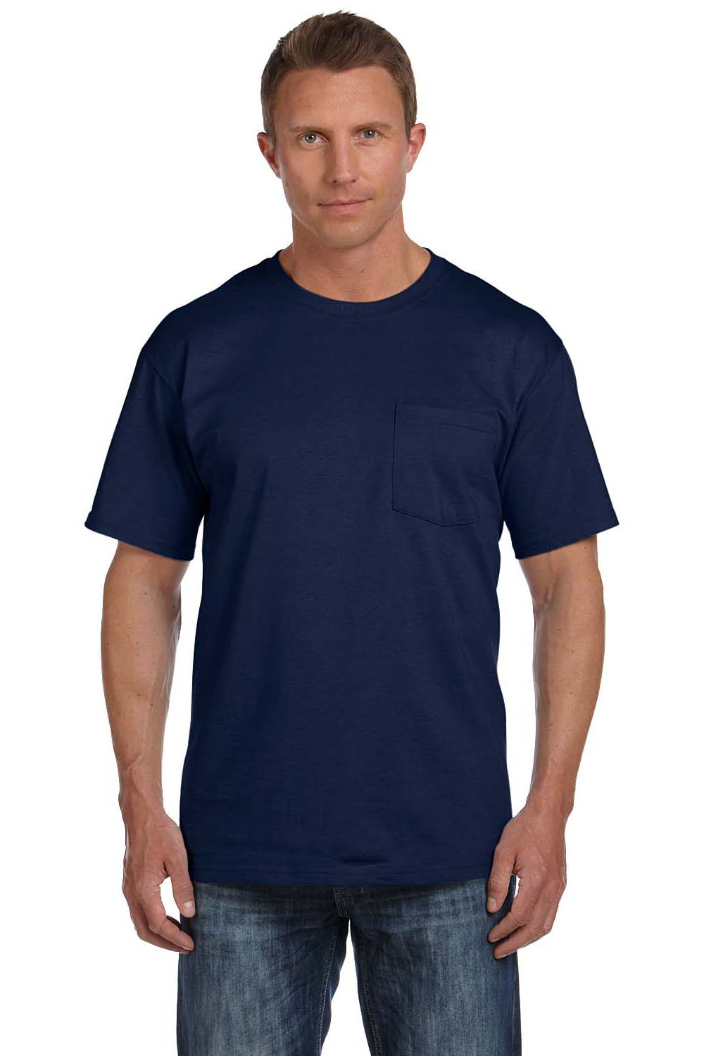 Fruit Of The Loom 3931P Mens HD Jersey Short Sleeve Crewneck T-Shirt w/ Pocket Navy Blue Front