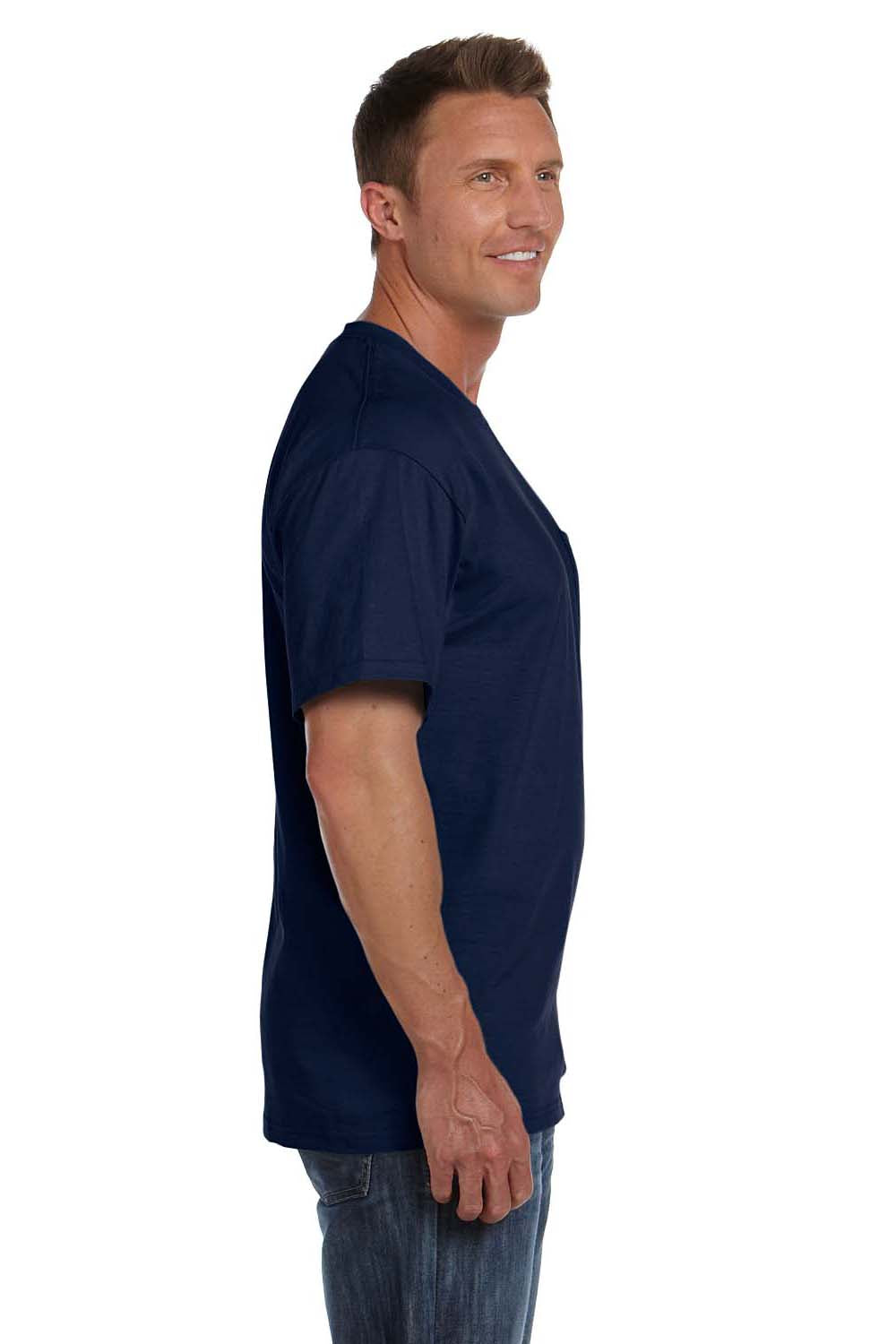Fruit Of The Loom 3931P Mens HD Jersey Short Sleeve Crewneck T-Shirt w/ Pocket Navy Blue Side