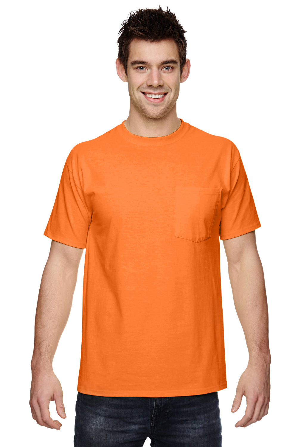 Fruit Of The Loom 3931P Mens HD Jersey Short Sleeve Crewneck T-Shirt w/ Pocket Safety Orange Front
