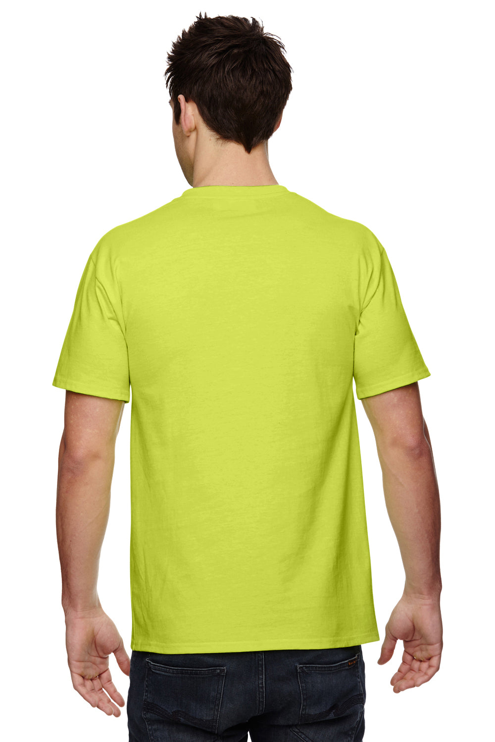 Fruit Of The Loom 3931P Mens HD Jersey Short Sleeve Crewneck T-Shirt w/ Pocket Safety Green Back