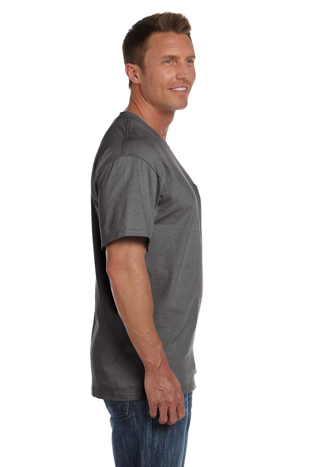 Fruit Of The Loom 3931P Mens HD Jersey Short Sleeve Crewneck T-Shirt w/ Pocket Charcoal Grey Side