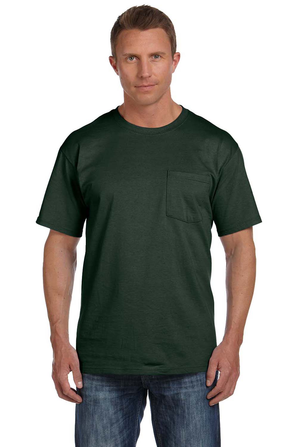Fruit Of The Loom 3931P Mens HD Jersey Short Sleeve Crewneck T-Shirt w/ Pocket Forest Green Front